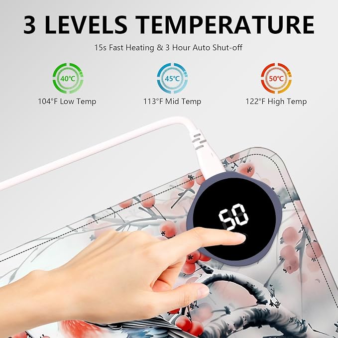 Heated Mouse Pad with 3 Levels Heated & 3 Hours Auto Shut-Off Mouse Pad for Warming Hands in Office Home, 31.5" x 13"Large Safe Desk Mat Hand Warmer，Ink Magpie