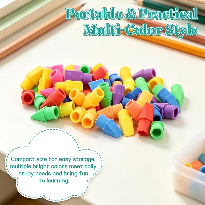 PRALB Erasers for Pencils, 100 Pack, Pencil Top Erasers, Vivid Colors | Cap Tops, Topper Erasers，Chisel-shaped caps, Classroom Rewards, Teacher Supplies, Party Favors, School Prize Box