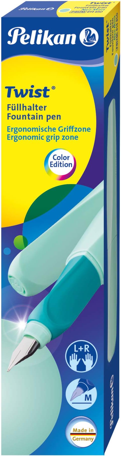 Pelikan Twist Fountain Pen with 1 Ink Cartridge, Medium Nib, Neon Mint, Boxed (814850)