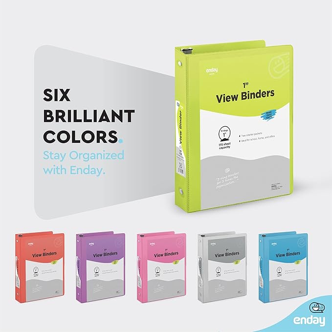 Enday 1 Inch Binder (24 Pack - Assorted Colors) 3 Ring Binder 1 inch with Clear View Cover and 2 Inside Pocket - for Letter Size 8.5 x 11'' Paper, Ideal for School Supplies, Office, and Home