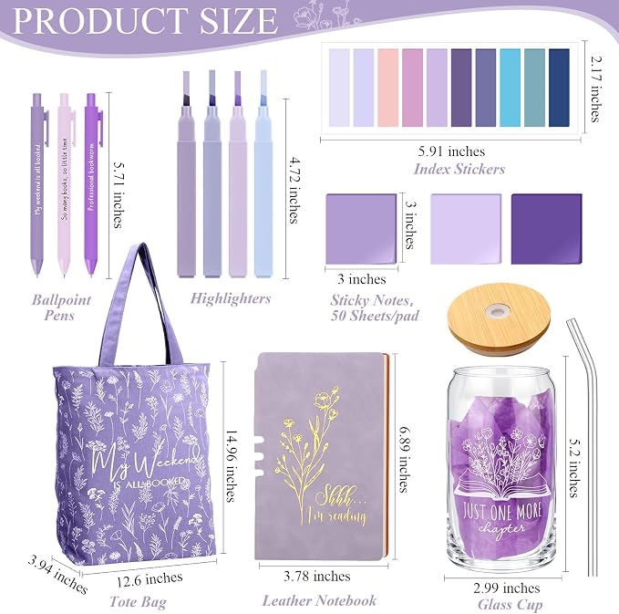Havawish 14 Pcs Book Lovers Gift for Women 16 oz Glass Cup Tote Bag A6 Journal Notebook Pens Highlighters Sticky Notes Back to School Teacher Librarian Bookish Book Club(Purple,Aesthetic)