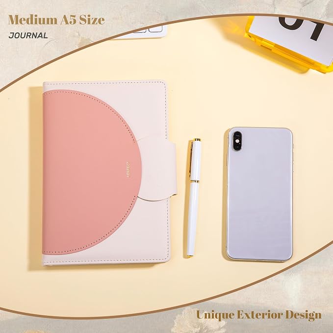 CAGIE Lined Journal for Women, 100GSM Leather Journals for Writing with Buckle Closure,A5 Hardcover Diary Journaling Notebooks for Business Work School Note Taking 5.9" x8.5 (Pink)