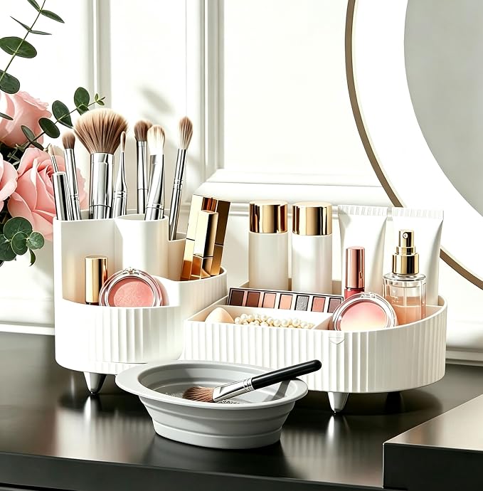 360 Rotating Makeup Organizer for Vanity Large Capacity Cosmetic Organizers with Makeup Brush Holder,Bathroom Counter Organizer and Vanity Organizer,Includes Collapsible Makeup Brush Cleaning Bowl