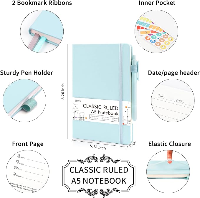 feela 3 Pack Notebooks Journals Bulk, Hardcover Notebook Classic Ruled Lined Journals with Pen Holder for Women Girls School Business Supplies, with 3 Black Pens, 120 GSM, 5.1”x8.3”, A5, Sky Blue