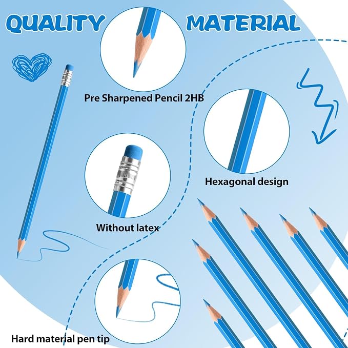 24PCS Erasable Colored Pencils with Eraser Pre Sharpened Pencil 2 HB - Ideal for Checking, Grading, Tests & Office/School Supplies (lightblue)