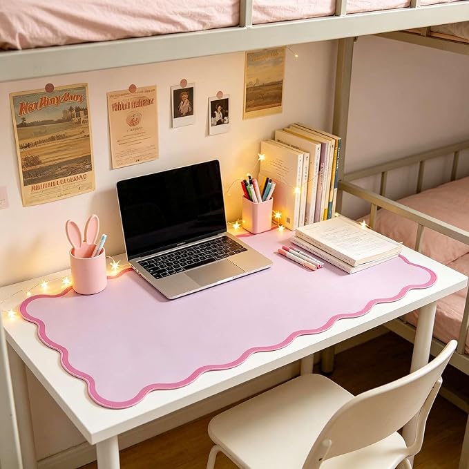 yuboo Pink Scalloped Desk Mat, 31" x 15.7" Large Waterproof Pastel Desk Mat Kawaii Cottagecore Aesthetic Desk Pad Desktop Keyboard Mouse Mat for Dorm Office Gaming Decor
