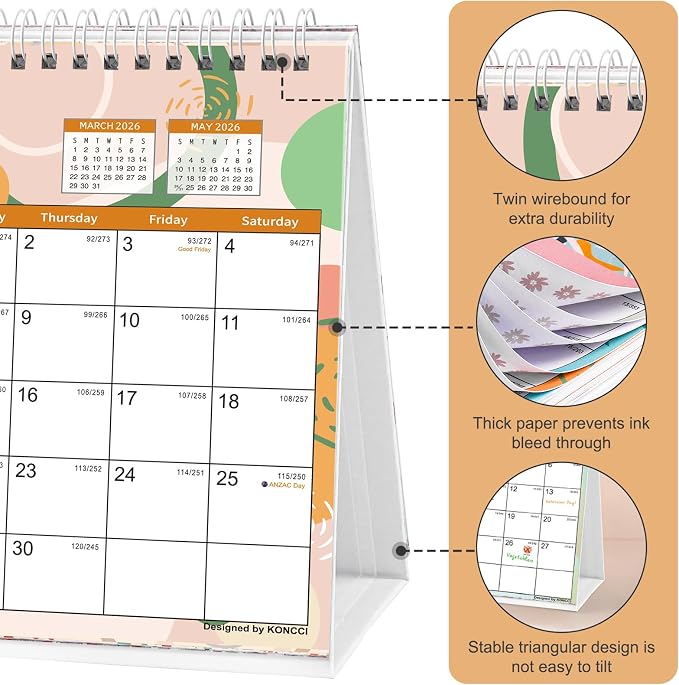Small Desk Calendar 2026-2027, Koncci Standing Flip Desk Calendar with Stickers (July 2026-December 2027), US Holidays Marked Desktop Planner for Easy Organizing (7" x 8.5")