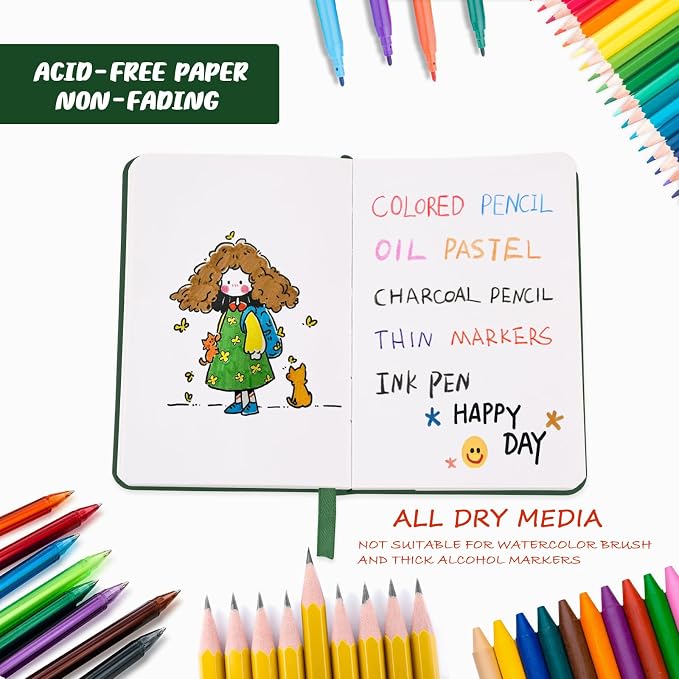 Mix Media Pad,3.5"x5.5" Small Hardcover Leather Art Sketchbook,60 Sheets(112lb/180gsm) Heavyweight Acid Free Artistic Painting Drawing Sketching Paper, Handy Pocket Journal Sketchbook.Blackish Green