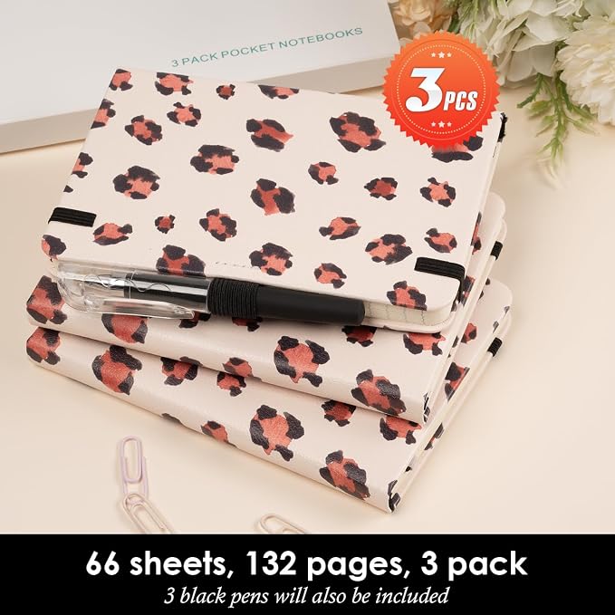 NIRMIRO Pocket Journal Notebook for Women Girls, 3 Pack Small Mini Notebook Journals with Pen, A6 (3.7" x 5.7") Leopard Cover Lined Notepad with 100GSM Thick Paper, Office Home School Supplies