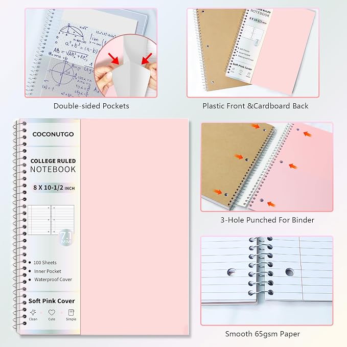 Pastel Pink Spiral Notebook, 1 Subject College Ruled, 10.5 x 8 in, 100 Sheets, 3-Hole Punched Perforated Pages, Flexible Plastic Cover, Double Pocket Folder for School Notes