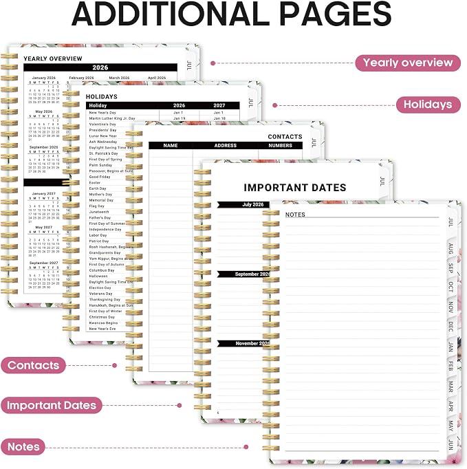 Planner 2026-2027, Academic Year Monthly and Weekly Calendar Planner, Jul 2026 - Jun 2027, Hardcover Teacher Student Planning Agenda book with Tabs, Perfect for School Office Supplies, 6.3" x 8.5" - Songbird Bloom