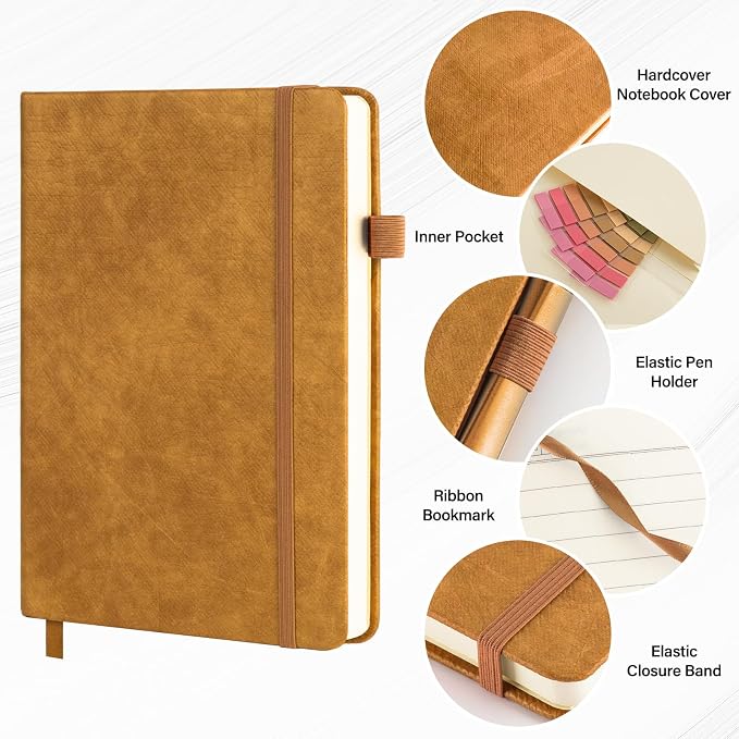 A5 Lined Journal Notebook Set with Pen & Sticky Notes, Hardcover Ruled Notebook 200 Pages Thick Paper, College Ruled Journal for Work Office School, 5.7 x 8.3 in,Yellow