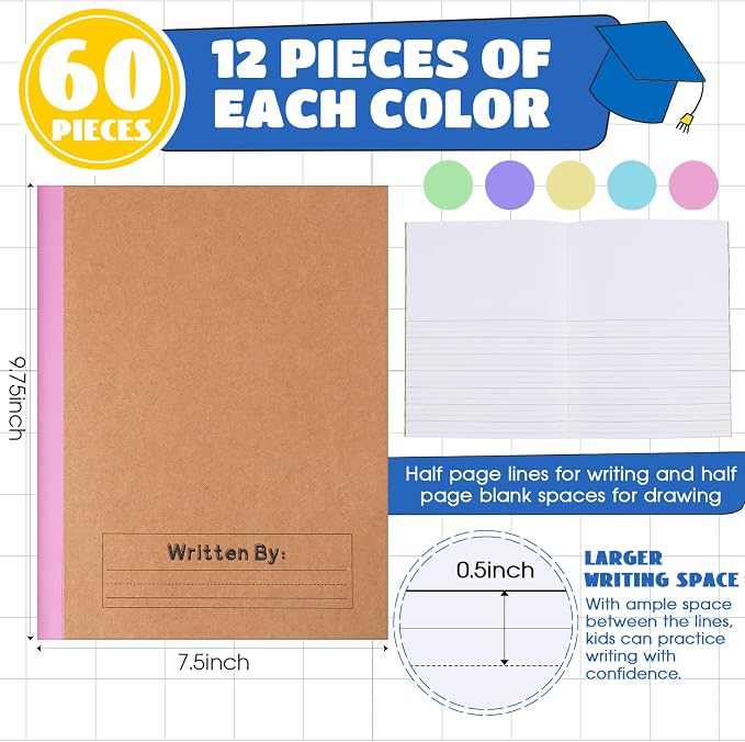 Henoyso 60 Pack Primary Composition Notebook, 9-3/4" x 7-1/2", Kids Primary Journal, K-2 Writing Notebook for Kids Student Draw Write Story Journal Half Blank Books(Colorful Macaron Color)