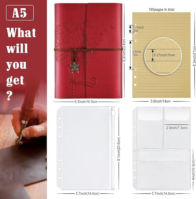 OMEYA Leather Journal Notebook, Refillable Writing Journal Diary Planner for Women Girls (Red, A5-9.3''×6.3'')