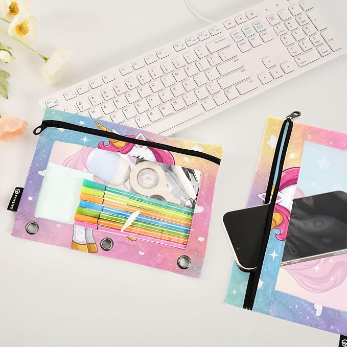 ALAZA Pencil Pouch for 3 Ring Binder, Cute Unicorn Rainbow Binder Pencil Pouches with Clear Window Zipper Pencil Case Cosmetic Bags for Office College Supplies, 2PCS