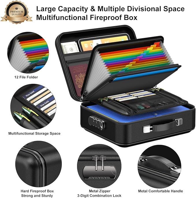 COLCASE Fireproof Document Box with Lock, Hard Fireproof Document Organizer | Hard-Shell Fireproof Waterproof Documennt Box with Combination Lock Black