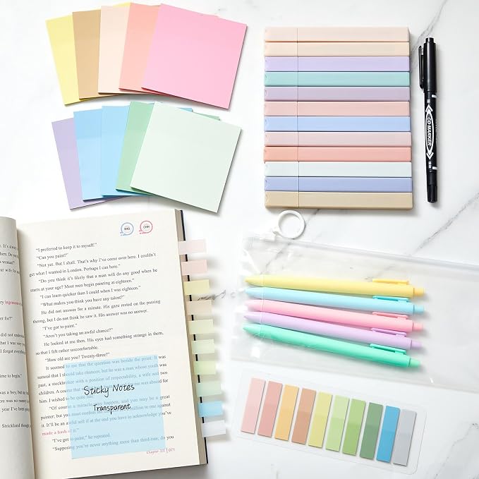 Jutom 38 Pcs Book Annotation Kit for Bible Journaling Study, Aesthetic Highlighters Pens, Index Tabs, Sticky Notes, Markers for Annotating Books Bible Page Tabs Supplies(Pastel Color,Square)