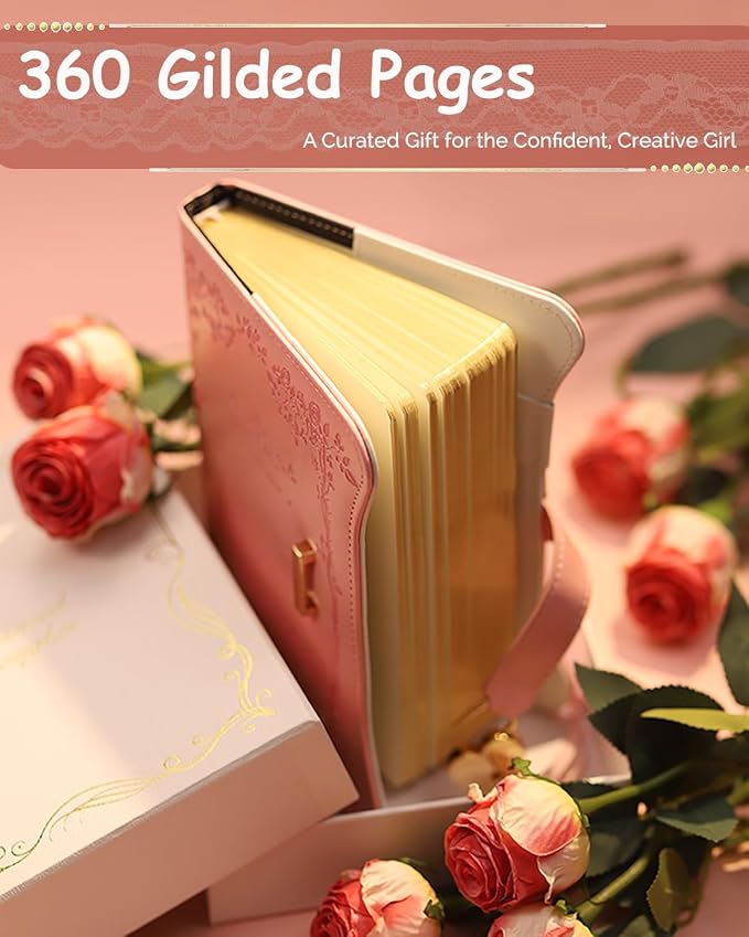 Hoci Poci Diary with Lock and Keys for Girls Gift Ideas, 360 Pages Journal | Elegant Gift Box for Teen Girls, B6 Gold Edged Pages Refillable Notebook with Pen and Bookmark for Writing, Garden Pink