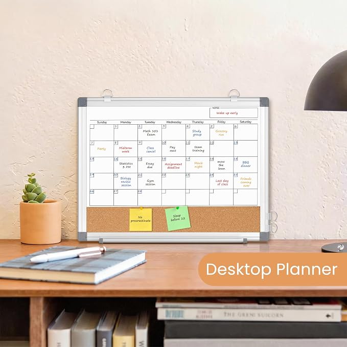 Small Monthly Dry Erase Calendar Whiteboard for Wall, 16" x 12" Double-Sided Magnetic Cute Calendar Dry Erase Board, Portable Hang Framed White Board Corkboard for Cubicle, Office, Home, College Dorm