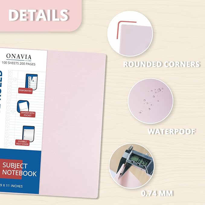 ONAVIA 1 Subject Spiral Notebook College Ruled 3 Pack, 200 Pages, Black | 100 Sheets, 9 x 11 in, Waterproof Plastic Cover, Durable, 3-Hole Punched, Divider, Double-Sided Pocket, Study