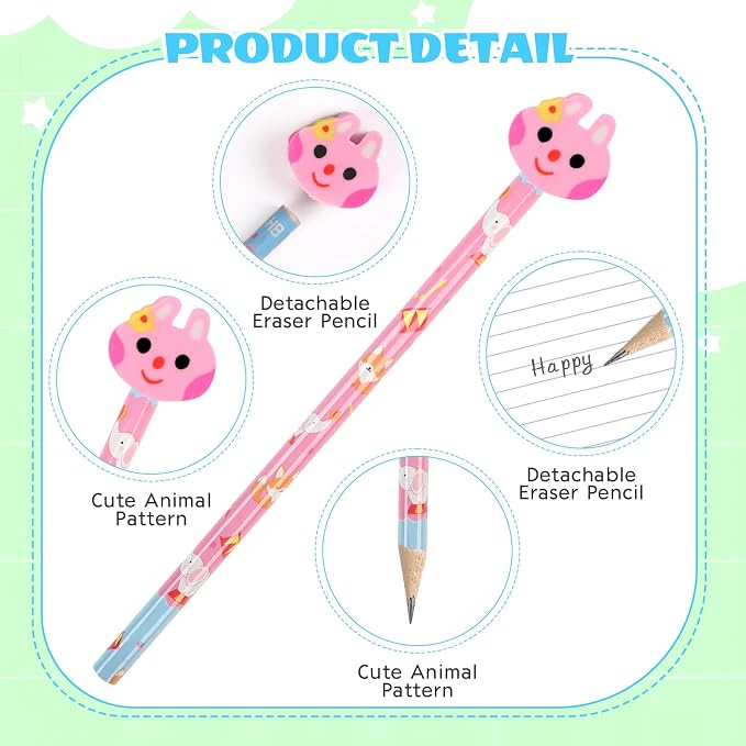 DERAYEE 60PCS Cute Pencils with Fruit Animal Top Eraser, Fun Wooden Pencil for Kids Students Reward Prize Classroom Party Favors