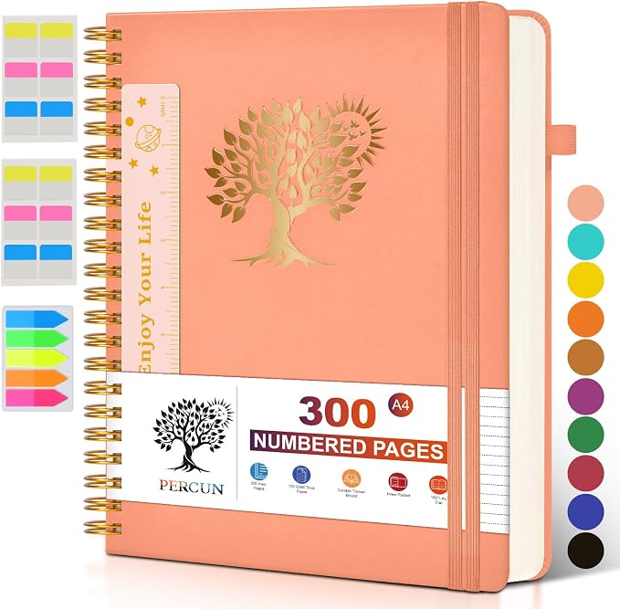 PERCUN Spiral Notebook 300 Numbered Lined Pages Hardcover Journal 8.5"x11" | College Ruled Spiral Bound Notebook with Tabs, A4 Large Leather Journal for Women Men, Work, School, Writing & Note Taking