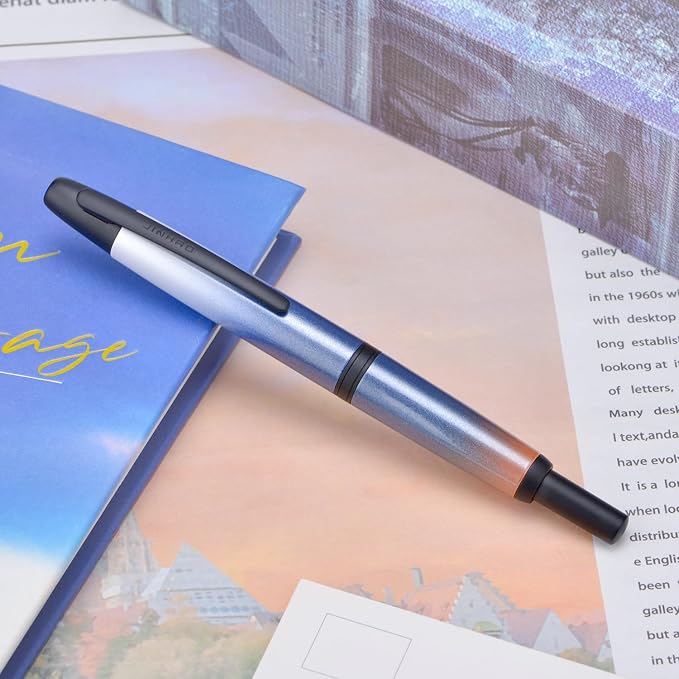 Jinhao 10 Press Fountain Pen with Box, Gradient Dark Blue Retractable Fine Nib with Ink Converter Set (Black Clip)
