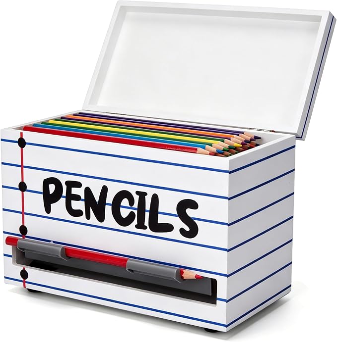 Yalikop 1 Pc Wooden Pencil Dispenser for Classroom Pastel Wood Pencils Holder for up to 200 Pencils Reusable Straw Dispenser for Home Office Teachers Supplies Storage (Stripe,Blue,White)