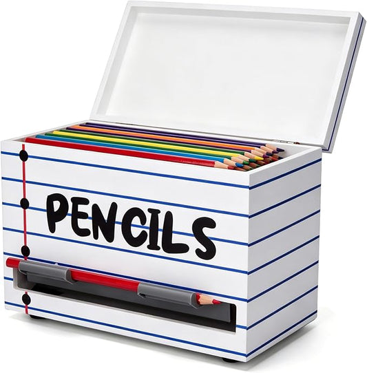 Yalikop 1 Pc Wooden Pencil Dispenser for Classroom Pastel Wood Pencils Holder for up to 200 Pencils Reusable Straw Dispenser for Home Office Teachers Supplies Storage (Stripe,Blue,White)