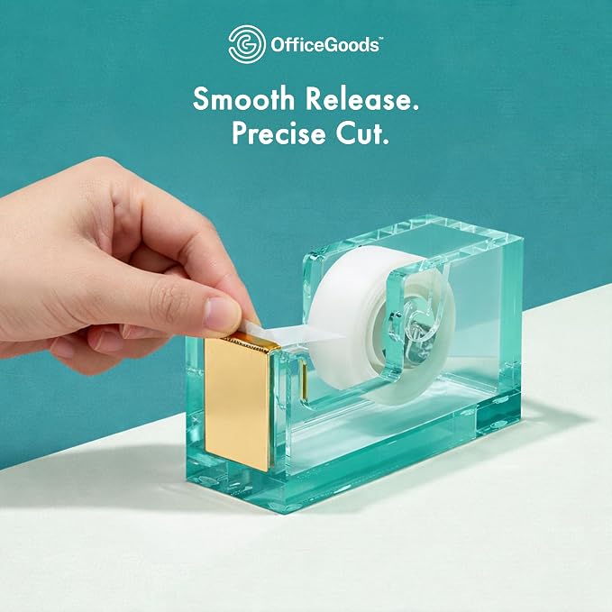 OfficeGoods Acrylic Tape Dispenser – Modern Desk Organizer for Office Supplies, Heavy Duty Refillable Tape Holder for Home and School Crafting, Stylish Desktop Accessory for Gift Wrapping, Green