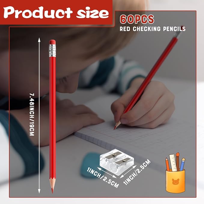 60 PCS Red Pencils Bulk Erasable Colored Pencils with Eraser Pre-Sharpened 2 HB for Checking, Grading, Tests & Office/School Supplies (Red)