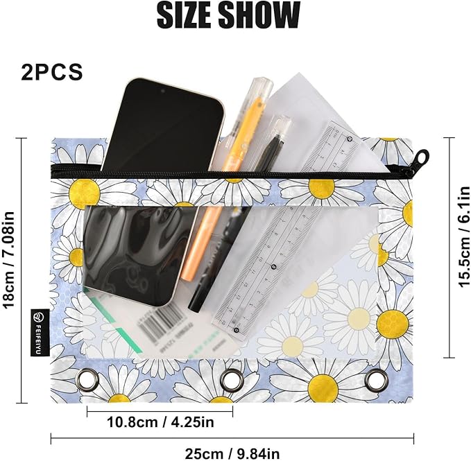Gredecor Binder Pencil Pouch 3 Ring Pastel Blue Daisy Flowers Zipper Pencil Pouches Case 2 Pack Clear Binder Organizer for School Office