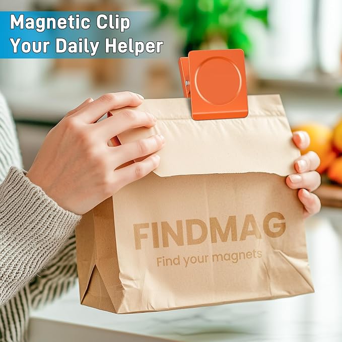 FINDMAG 4 Pack Magnetic Clips, Orange Fridge Magnet Clips for Kitchen Use | Clip Magnets for Fridge, 2.2 Inch Design, Whiteboard, Home, Office, Pictures, Decoration Gifts, Whiteboard, Classroom, Fridge
