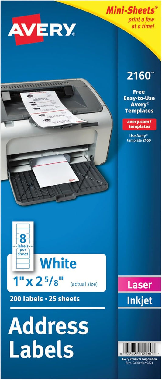 Avery Printable Mini-Sheets Address Labels, 1" x 2-5/8", White, Permanent Adhesive, Laser/Inkjet Compatible, 200 Blank Stickers Total, Great for Printing a Few Labels at a Time (2160)