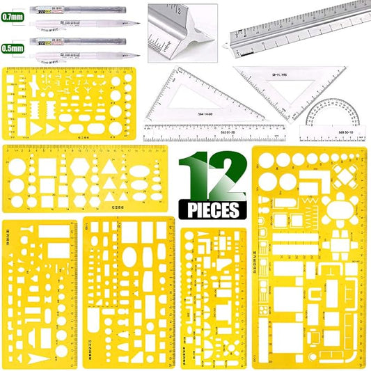 Keadic 12Pcs Geometric Drawings Templates, Geometry Ruler Plastic, Clear Shape Template Yellow Architect Scale Measuring Ruler Drafting Stencils Measuring Tools for Designing and Building