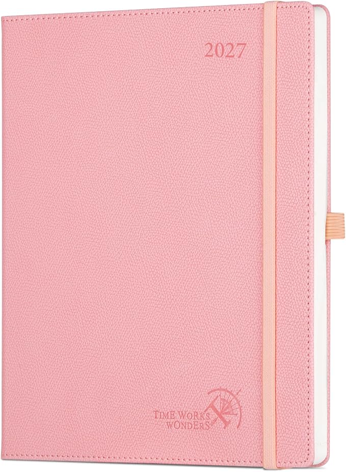 POPRUN 2027 Planner (Large 8.5"x 10.5"), Weekly and Monthly Planner | Daily Calendar Book Jan.2027 - Dec.2027, Appointment Book with Monthly Tabs, Leather Hardcover, Inner Pocket - Soft Pink