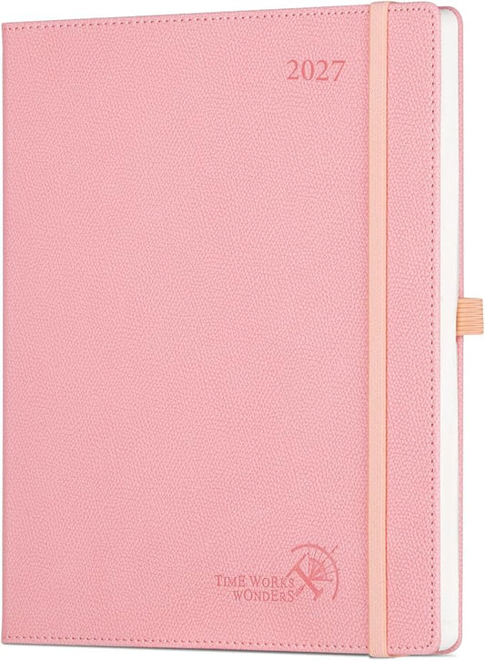 POPRUN 2027 Planner (Large 8.5"x 10.5"), Weekly and Monthly Planner | Daily Calendar Book Jan.2027 - Dec.2027, Appointment Book with Monthly Tabs, Leather Hardcover, Inner Pocket - Soft Pink