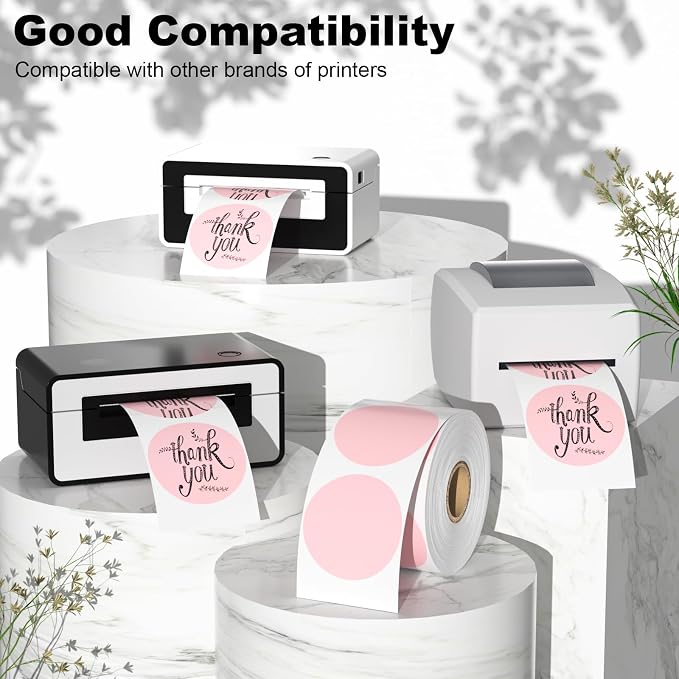 Cute Pink Thermal Labels, 2" Thermal Printer Labels for Name Tag, DIY, QR Code, Self-Adhesive Address Shipping Stickers, Blank Circle Sticker Labels Compatible with Zebra, Rollo,(750 Labels/1 Roll)