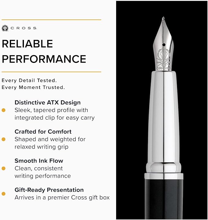 Cross ATX Basalt Black Stainless Steel Fine Nib Fountain Pen - Refillable Pen for Smooth Writing - Black Ink - Comfortable Grip - Long-Lasting - Professional Office Supplies