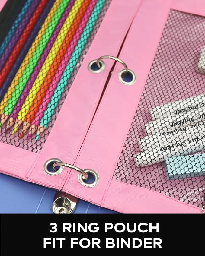 3 Ring Binder Pencil Pouch - Oxford Fabric Pencil Case with 2 Zippered Pockets, Clear Mesh Window Pencil Bag, B5 Size for Office & Travel Supplies (Pink)