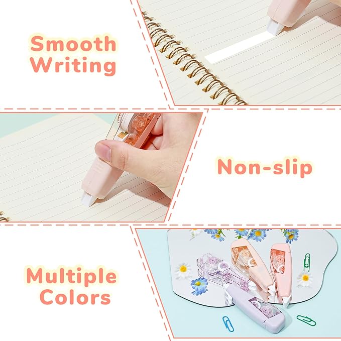 Temiary 3 Pcs Correction Tapes with 3 Pcs Refills, White Wrong Out Tape | Aesthetic White Pull Out Tape, Easy Grip & Carry, Works with Multiple Pens, Smooth for School & Office Workers (Morandi)