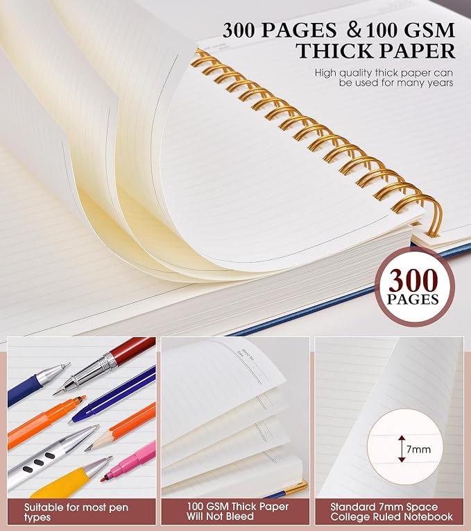 Spiral Notebook Journal 7.6” x 10”, 300 Pages Hardcover Leather Lined Journals for Women Men, B5 Large College Ruled Notebooks with 100 GSM Thick Paper, Spiral Journal for Writing Work School, Navy