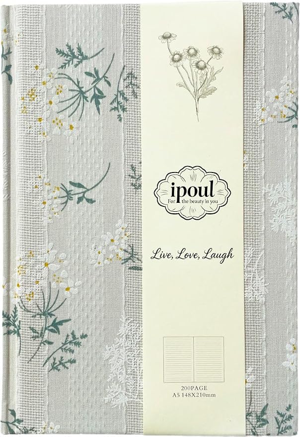 Floral Journal for women, Floret Printed Fabric Cloth Hardcover, A5, 200 Pages, 6x8 Medium Ruled Notebook, Similar Embroidered Linen Journal, Lay Flat Church Notes Notebook, Beige