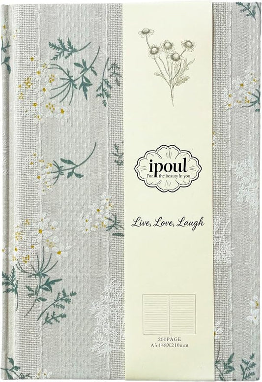 Floral Journal for women, Floret Printed Fabric Cloth Hardcover, A5, 200 Pages, 6x8 Medium Ruled Notebook, Similar Embroidered Linen Journal, Lay Flat Church Notes Notebook, Beige