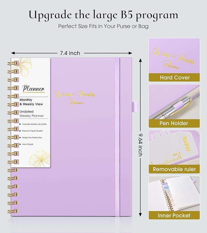 Undated Weekly and Monthly Planner, B5 Large Weekly To Do List Notebook with Goal & Habit Tracker Organizer, Hardcover Spiral Bound Blank Monthly Planner for Work School Home 7.4" x 9.64"Purple