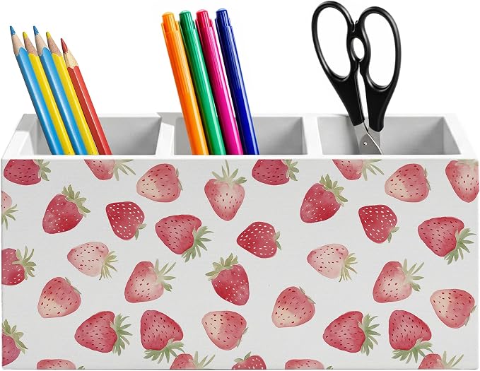 Watercolor Strawberry Pen Holder for Home Office Desk, Strawberry Lovers Gifts, Coquette Girly Fruit Aesthetic Wooden Box Sign Pencil Holder for Desk Shelf Organizer