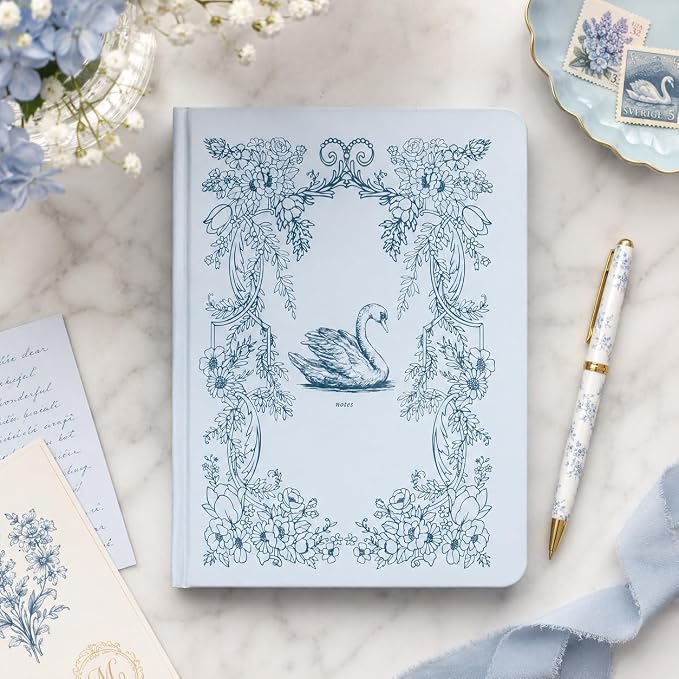 Pearhead Hardcover Journal Notebook 6x8 – Blue Swan College-Ruled Writing Journal with 200 Lined Pages for Notes, Work & Journaling