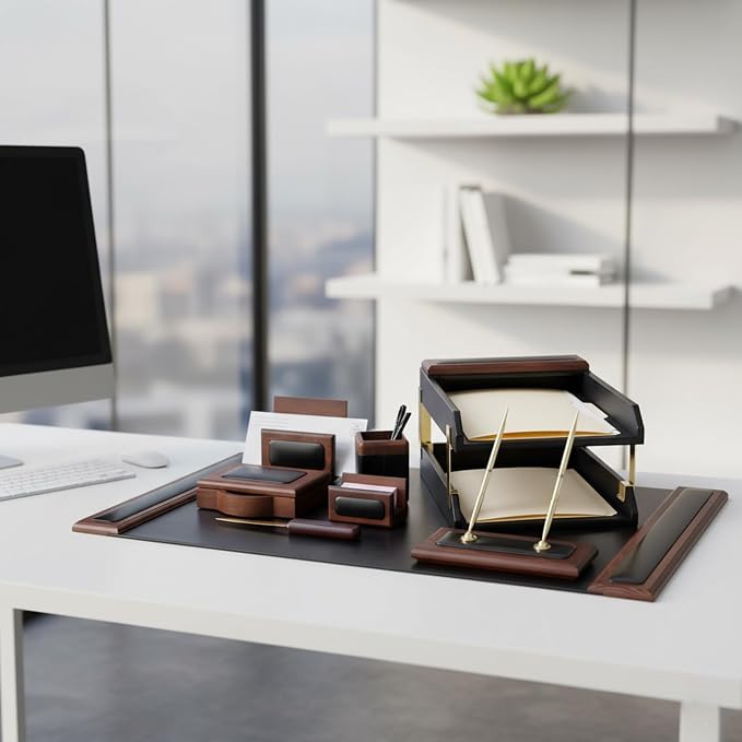Dacasso Walnut and Black Leather Desk Set, 10-Piece, 34" x 20"