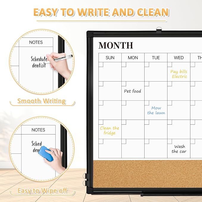 Monthly Dry Erase Calendar Whiteboard with Corkboard, 36" x 24", Black | Magnetic, White Board Cork Board Combo, Double Sided, Wall Mounted, Aluminum Frame, for Home, Office, Kitchen, Dorm