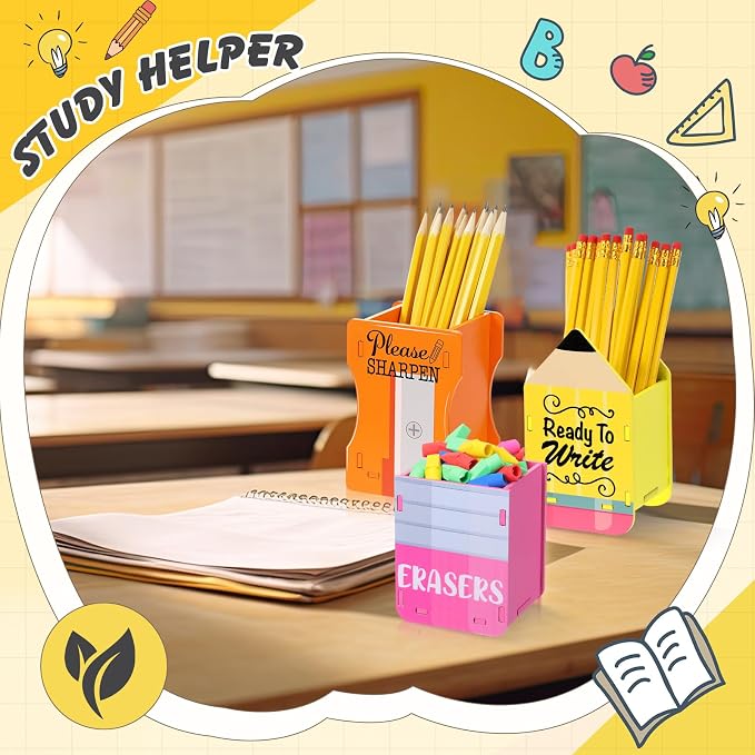 AmazingSpark 3 Pcs Pencil Shaped Holder Sharp and Eraser and Dull Holder Wooden Dispenser Pencil Storage Organizer for Back to School Management Organization (Classic)